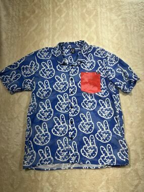 Neff Mens Medium Blue Peace Sign Stars Button Up Shirt 100% Cotton